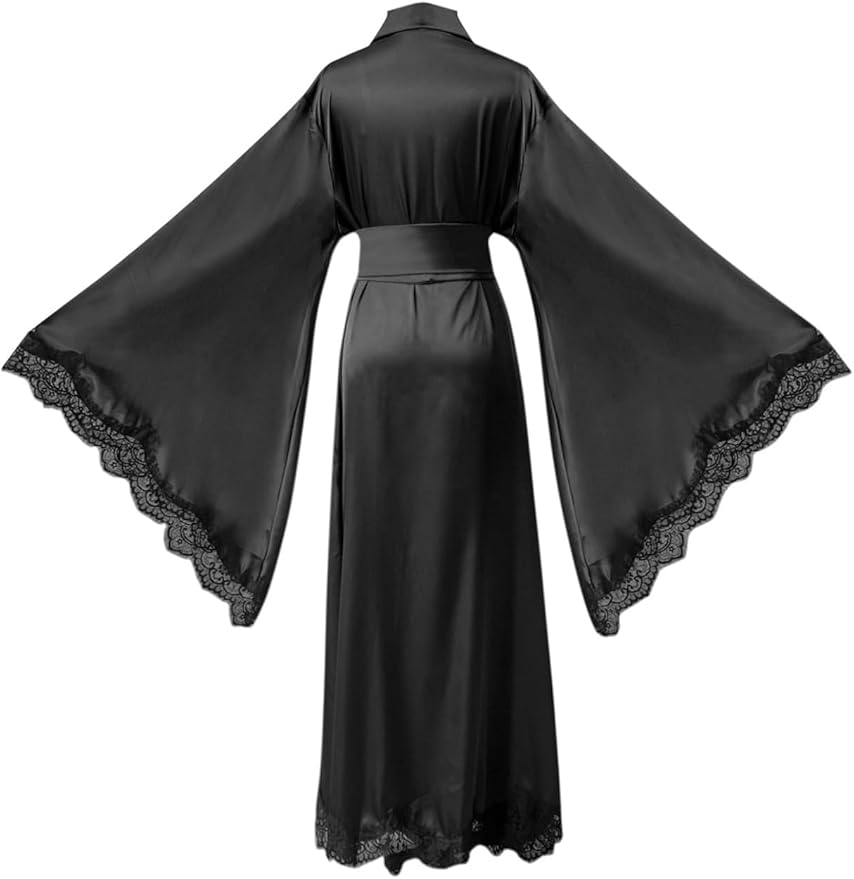 BATHGOWN Women's Satin Robe Black Silk Kimono Bride Robe for Wedding Day Lightweight Long Lace Loungewear Sleepwear