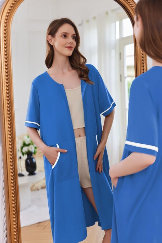 Ekouaer Women Zipper Robe Short Sleeve Duster Housecoat Short Bathrobes Zip Front Nightgown with Pockets S-3XL