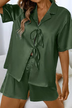 CHYRII Women's Silk Satin Pajamas Sets Tie Front Short Sleeve Tops and Shorts Two Piece Pj Sets Sleepwear