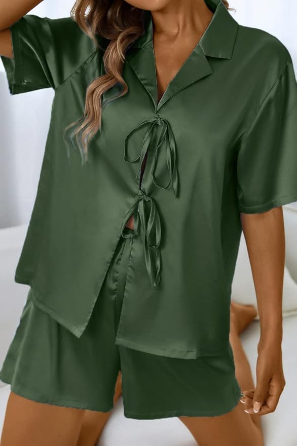CHYRII Women's Silk Satin Pajamas Sets Tie Front Short Sleeve Tops and Shorts Two Piece Pj Sets Sleepwear