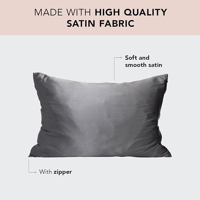 Kitsch Satin Pillowcase with Zipper for Hair & Skin - Softer Than Silk Pillow Cases, Smooth Cooling Satin Pillow Case, Wrinkle-Free, Machine Washable, King Size Satin Pillow Case 19x36, Charcoal, 2pc