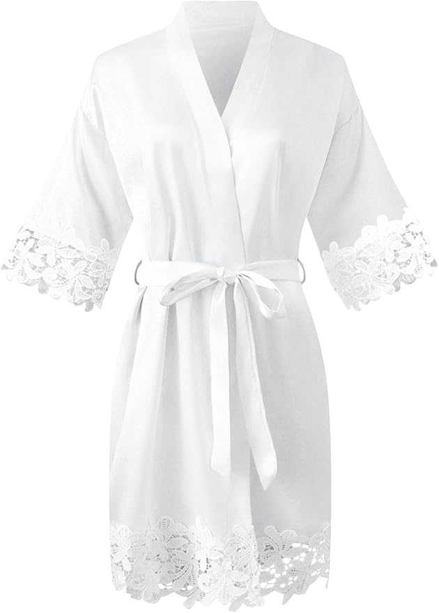 Womens Short Satin Robe Lace Trim Silk Kimono Sleepwear Bridesmaid Robes for Bride Wedding Party Nightgown