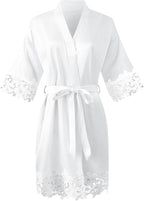 Womens Short Satin Robe Lace Trim Silk Kimono Sleepwear Bridesmaid Robes for Bride Wedding Party Nightgown