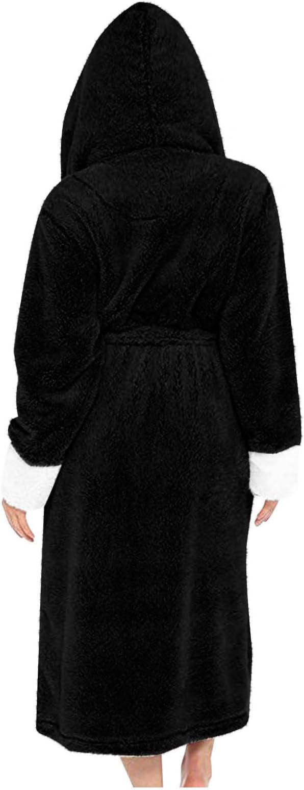Fuzzy Plush Bathrobe Women Fashion Hooded Thicken Fleece Lined Warm Comfy Long Robe Flannel Loungewear