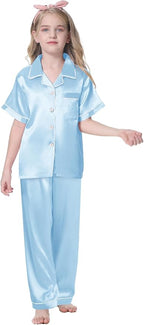 Umeyda Girls Womens Pajamas Set, Satin Silky Button Down Loungewear 2 Piece Short Sleeve Pants PJS Sets for Mommy Kids
