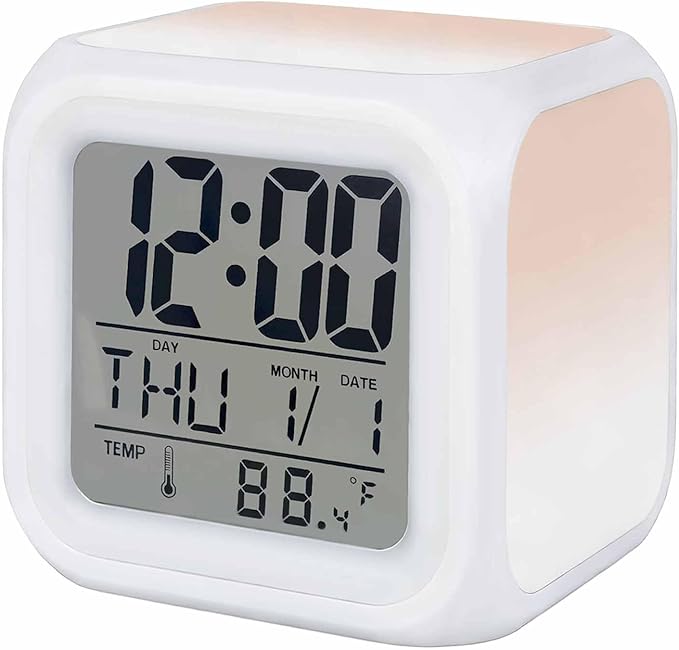 Digital Alarm Clock Peach Pink Digital Clock Date, Temperature, and Weekday Display Gradient White Battery Operated 9 Ringtones 7-Color Night Light and Snooze
