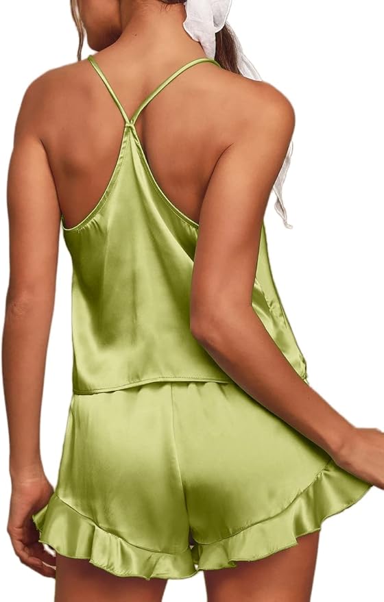 CHYRII Women's Sexy Silk Satin Ruffled Pajamas Sets Cami Shorts Sets Sleepwear