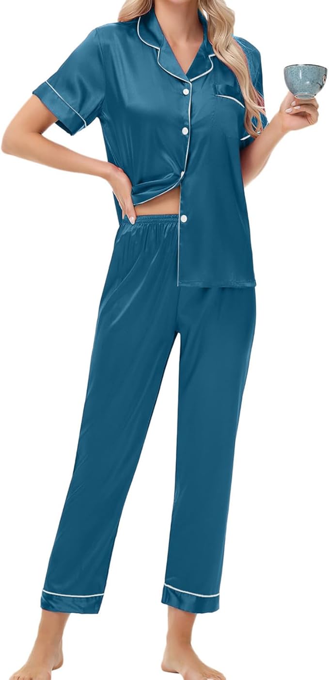 Women's Satin Pajama Set Short Sleeve Silk Top and Pants Set Classic Button Down 2-Piece Sleepwear Loungewear