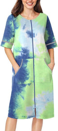 Ekouaer Women Zipper Robe Short Sleeve Duster Housecoat Short Bathrobes Zip Front Nightgown with Pockets S-3XL