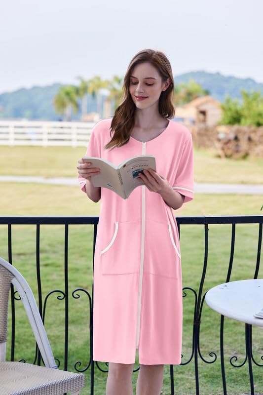 Ekouaer Women Zipper Robe Short Sleeve Duster Housecoat Short Bathrobes Zip Front Nightgown with Pockets S-3XL