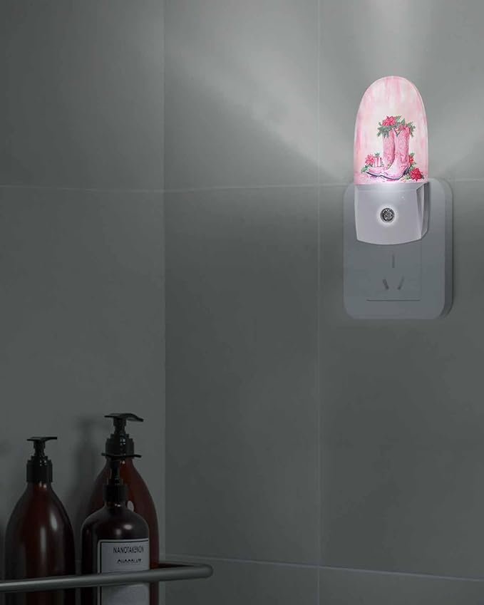Night Light Plug into Wall, Xmas Western Peach Cowboy Boots Poinsettia Flower Leaf Berry Watercolor Vintage Popsicle Shape Night Light LED Nightlight with Light Sensors for Kids Bedroom Hallway