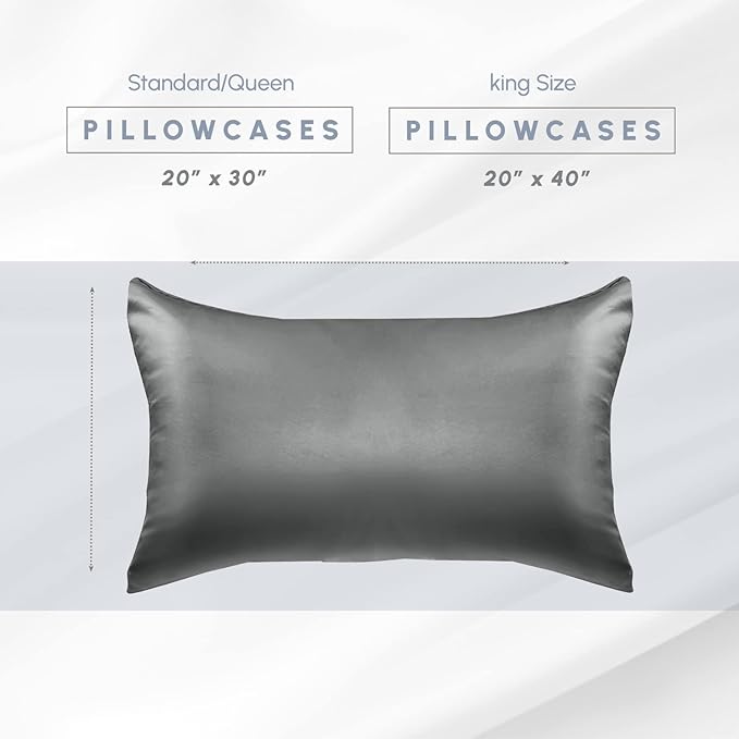 Elegant Comfort 2-Pack Cooling Viscose Satin Pillowcase Set with Hidden Zipper Closure, Silky Smooth for Best Hair and Skin Care-Beautiful Gift Box-2-Piece Satin Pillowcase Set, King, Gray