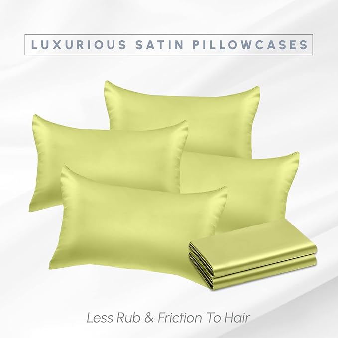 Elegant Comfort 6-PACK Cooling Viscose Satin Pillowcase Set with Hidden Zipper closure, Silky Smooth for Hair and Skin Care-Beautiful Gift Box-6-Piece Satin Pillowcases, Standard/Queen,Pistachio Green