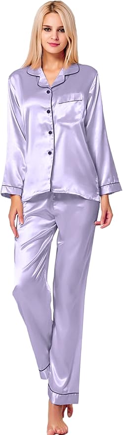 SWOMOG Womens Silk Satin Pajamas Set Long Sleeve Button Down Sleepwear 2 Piece Lounge Set Pj Set XS-3XL