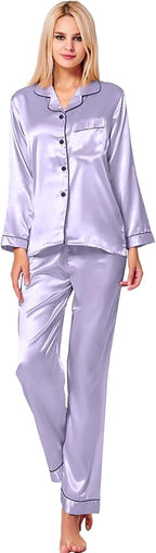 SWOMOG Womens Silk Satin Pajamas Set Long Sleeve Button Down Sleepwear 2 Piece Lounge Set Pj Set XS-3XL