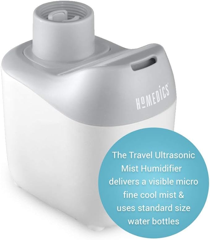 Homedics Ultrasonic Portable Humidifier – Small Air Humidifiers for Bedroom, Plants, Office, Travel – Cool Mist Humidifiers, Uses Standard Water Bottle, White