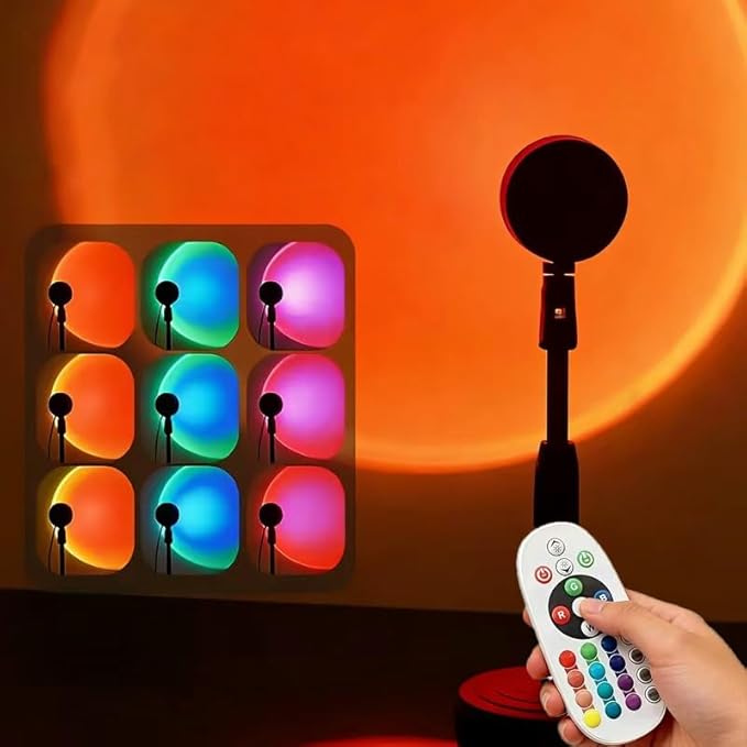 Sunset Lamp Projector with Remote Control Adjustable 16 Color 180 Degree Rotating Sunlight 4 Lighting Modes USB Rechargeable LED Night Light Ideal for Bedroom Living Room Selfie Party and Photography