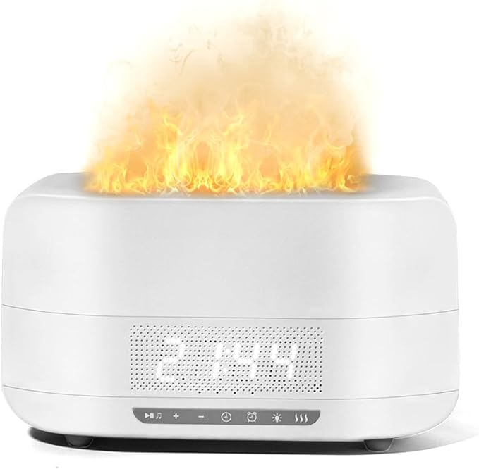 Aroma Diffuser with Bluetooth Speaker, 5-in-1 Essential Oil Diffuser Flickering Flame, 400mL Humidifier LED Clock Remote, Quiet for Bedroom Home Office Auto Shut-Off Gift (White)