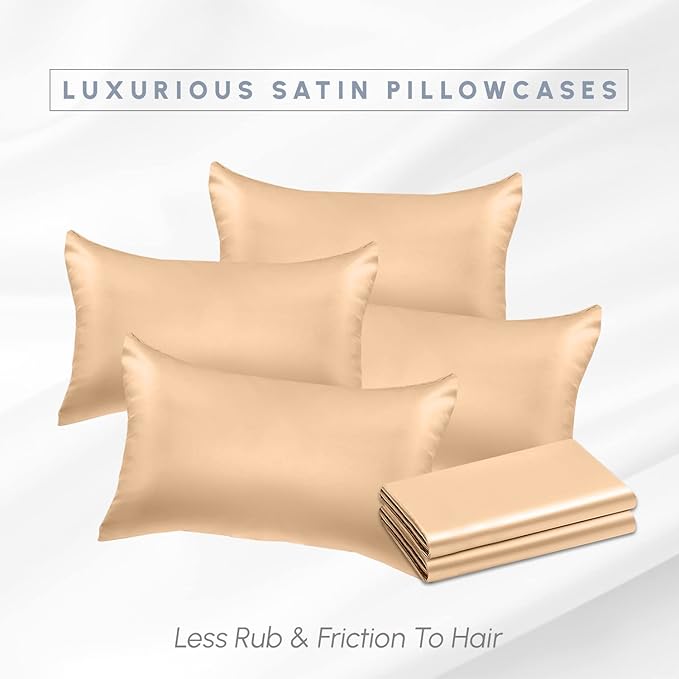 Elegant Comfort 6-Pack Champagne Satin Pillowcase Set with Hidden Zipper Closure, Silky Smooth for Hair and Skin Care - Standard/Queen