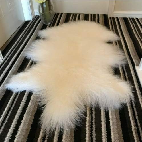 Genuine Tibetan/Mongolian Lambskin Sheepskin Hide Pelt Fur Throw Area Rug Plate Wool Carpet Sheep in Bedroom, Living Room 3.5x2Ft (White)