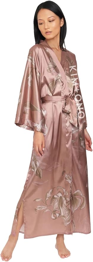 KIM+ONO Plus Size Luxury Kimono Robe for Women | Long Satin Floral Robe | Original Design | Removable Waist Tie Closure
