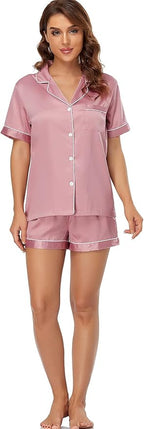 Serenedelicacy Women's Satin Pajama Set 2-Piece Sleepwear Loungewear Button Down Short Sleeve Silky PJ Set