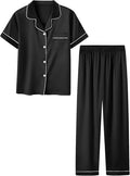 Umeyda Girls Womens Pajamas Set, Satin Silky Button Down Loungewear 2 Piece Short Sleeve Pants PJS Sets for Mommy Kids
