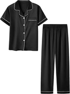 Umeyda Girls Womens Pajamas Set, Satin Silky Button Down Loungewear 2 Piece Short Sleeve Pants PJS Sets for Mommy Kids