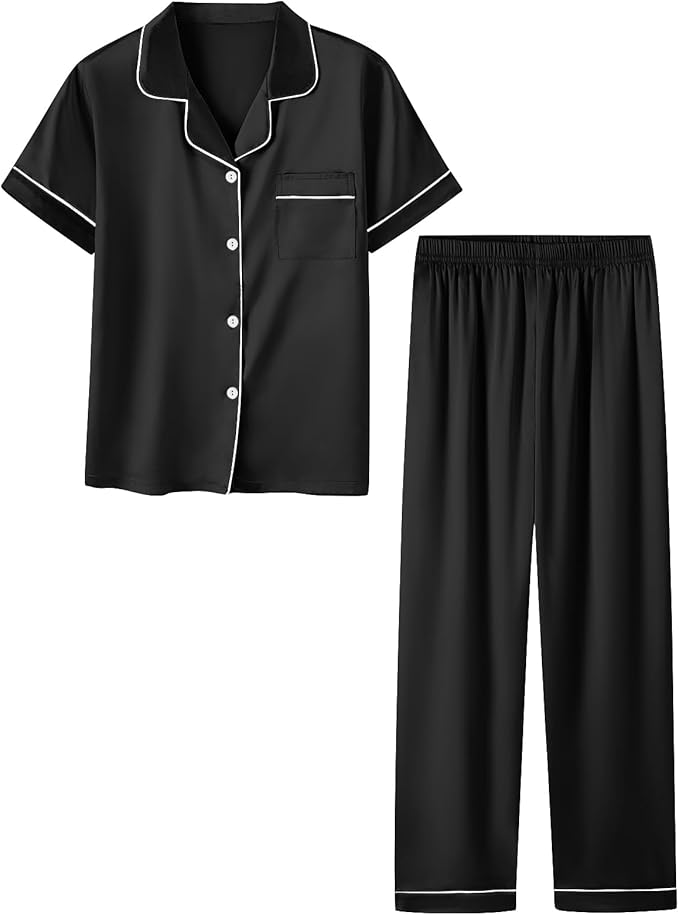 Umeyda Girls Womens Pajamas Set, Satin Silky Button Down Loungewear 2 Piece Short Sleeve Pants PJS Sets for Mommy Kids