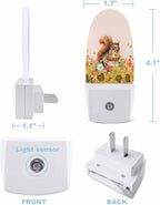 Night Light Plug into Wall, Thanksgiving Day Fall Squirrel Sunflowers Botanical Leaves Berries Peach Popsicle Shape Night Light LED Nightlight with Light Sensors for Kids Bedroom Hallway