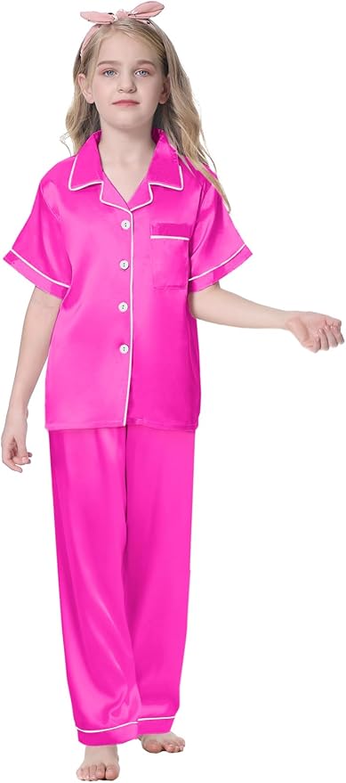 Umeyda Girls Womens Pajamas Set, Satin Silky Button Down Loungewear 2 Piece Short Sleeve Pants PJS Sets for Mommy Kids