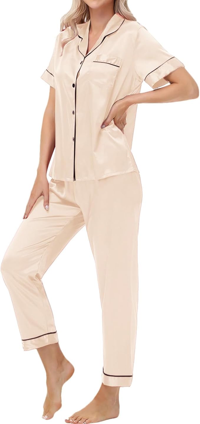 Women's Satin Pajama Set Short Sleeve Silk Top and Pants Set Classic Button Down 2-Piece Sleepwear Loungewear