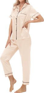 Women's Satin Pajama Set Short Sleeve Silk Top and Pants Set Classic Button Down 2-Piece Sleepwear Loungewear