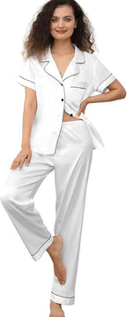 WJing Yi Jia Womens Pajamas Set XS-4XL Floral Silk Satin Pajama Sets Silky Pj Sets 2Pcs Loungewear Sleepwear Button Down Pjs