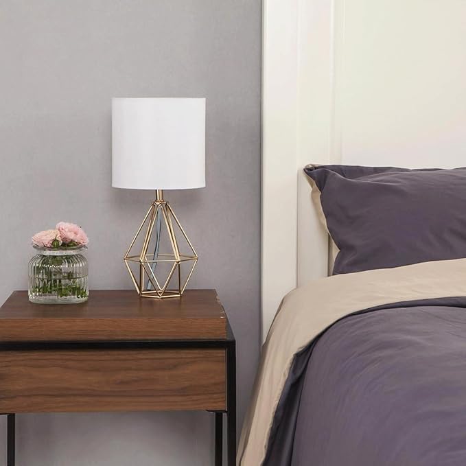 COTULIN Gold Modern Hollow Out Base Bedroom Small Table Lamp,Bedside Nightstand Lamp with Geometric Metal Base White Fabric Shade,Cute Desk Lamp for Kids Living Room