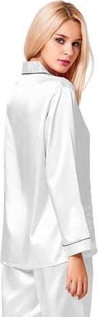 SWOMOG Womens Silk Satin Pajamas Set Long Sleeve Button Down Sleepwear 2 Piece Lounge Set Pj Set XS-3XL