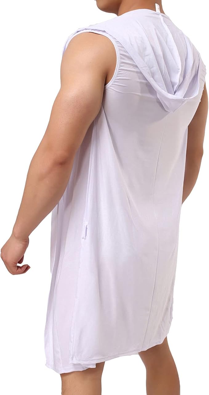 Lu's Chic Men's Silk Kimono Robe Hooded Bathrobe Sleeveless Lightweight Sleepwear Pajamas