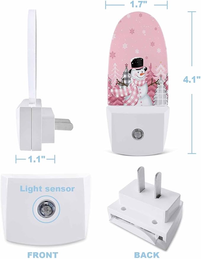 Night Light Plug into Wall, Winter Xmas Happy Snowman Grey Buffalo Checked Christmas Tree Snowflake Peach Popsicle Shape Night Light LED Nightlight with Light Sensors for Kids Bedroom Hallway