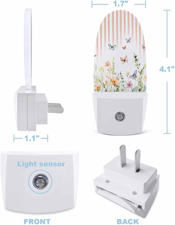 Night Light Plug into Wall, Spring Summer Flowers Floral Leaves Striped Lines Orange Green Peach White Popsicle Shape Night Light LED Nightlight with Light Sensors for Kids Bedroom Hallway
