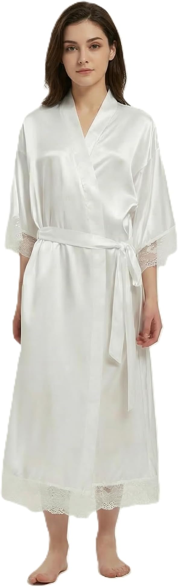 Long Satin Robes for Women Ankle Length Kimono Robes Silky Bridal Party Robes with Lace Trim Bridesmaid Loungewear Sleepwear