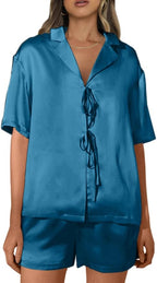 CHYRII Women's Silk Satin Pajamas Sets Tie Front Short Sleeve Tops and Shorts Two Piece Pj Sets Sleepwear