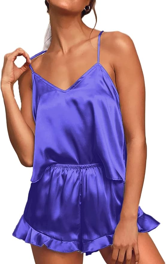 CHYRII Women's Sexy Silk Satin Ruffled Pajamas Sets Cami Shorts Sets Sleepwear