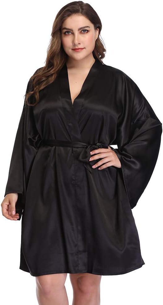 Women's Plus Size Short Satin Kimono Robes Sleepwear Bathrobes Silky Dressing Gown