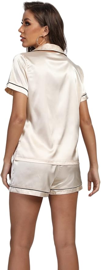 LYANER Women's Silky Satin Pajamas Set Short Sleeve Button Down Shirt With Shorts Pjs Set Sleepwear