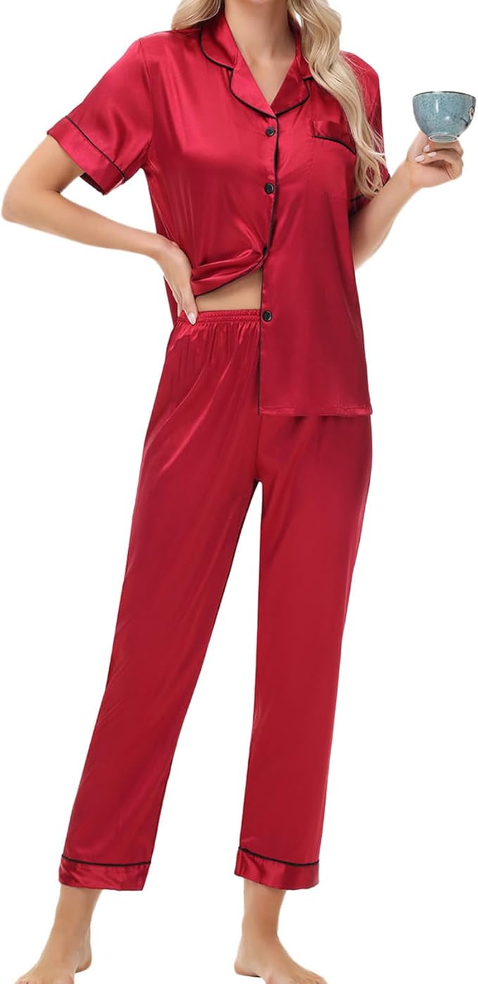 Women's Satin Pajama Set Short Sleeve Silk Top and Pants Set Classic Button Down 2-Piece Sleepwear Loungewear