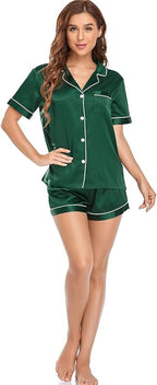 Serenedelicacy Women's Satin Pajama Set 2-Piece Sleepwear Loungewear Button Down Short Sleeve Silky PJ Set