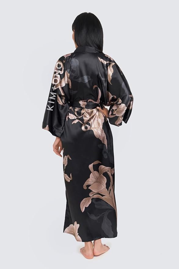 KIM+ONO Plus Size Luxury Kimono Robe for Women | Long Satin Floral Robe | Original Design | Removable Waist Tie Closure