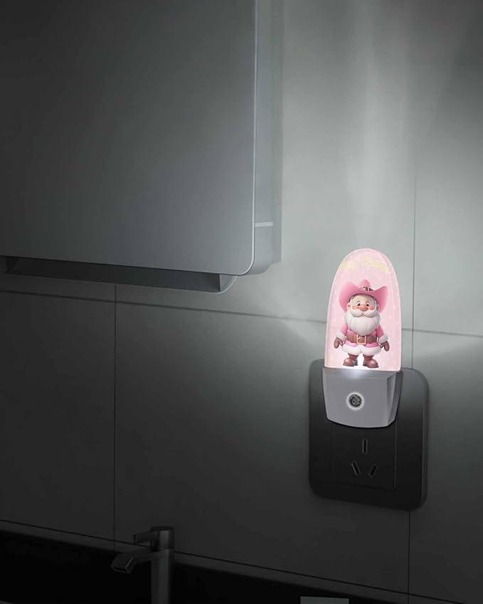 Night Light Plug into Wall, Winter Xmas Peach Western Cowboy Santa Claus Snowflake Texture Vintage Popsicle Shape Night Light LED Nightlight with Light Sensors for Kids Bedroom Hallway