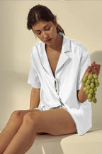 CHYRII Women's Silk Satin Pajamas Sets Tie Front Short Sleeve Tops and Shorts Two Piece Pj Sets Sleepwear
