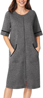 Ekouaer Women Zipper Robe Short Sleeve Duster Housecoat Short Bathrobes Zip Front Nightgown with Pockets S-3XL
